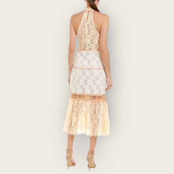 Foxiedox Amelia Lace Halter Midi Dress | Medium | Beige Mermaid Tiered Cottage - Picture 7 of 10